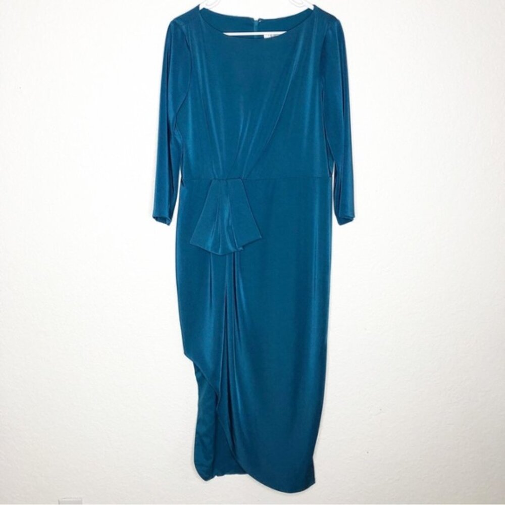 Kay Unger teal blue draped asymmetrical front formal maxi dress size 14